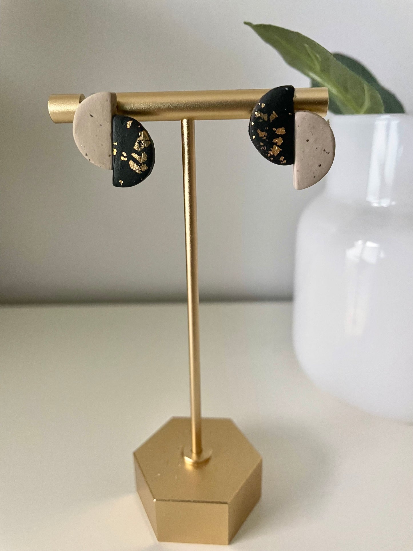 Lustrous-Black Half Circle Abstract Studs