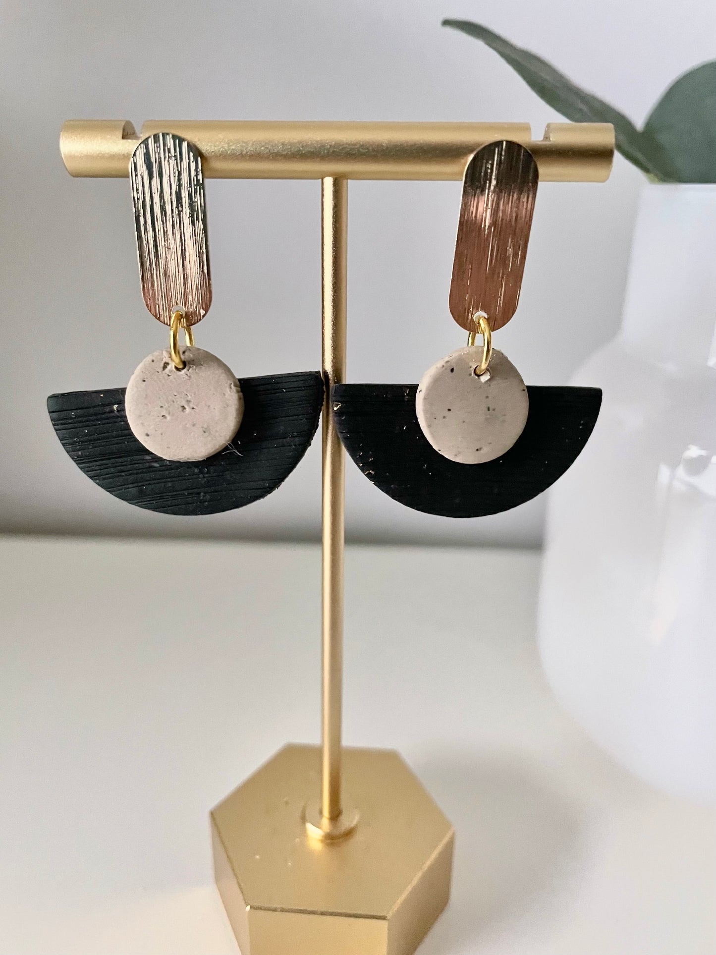 Lustrous-Black Half Circle Gold Drop