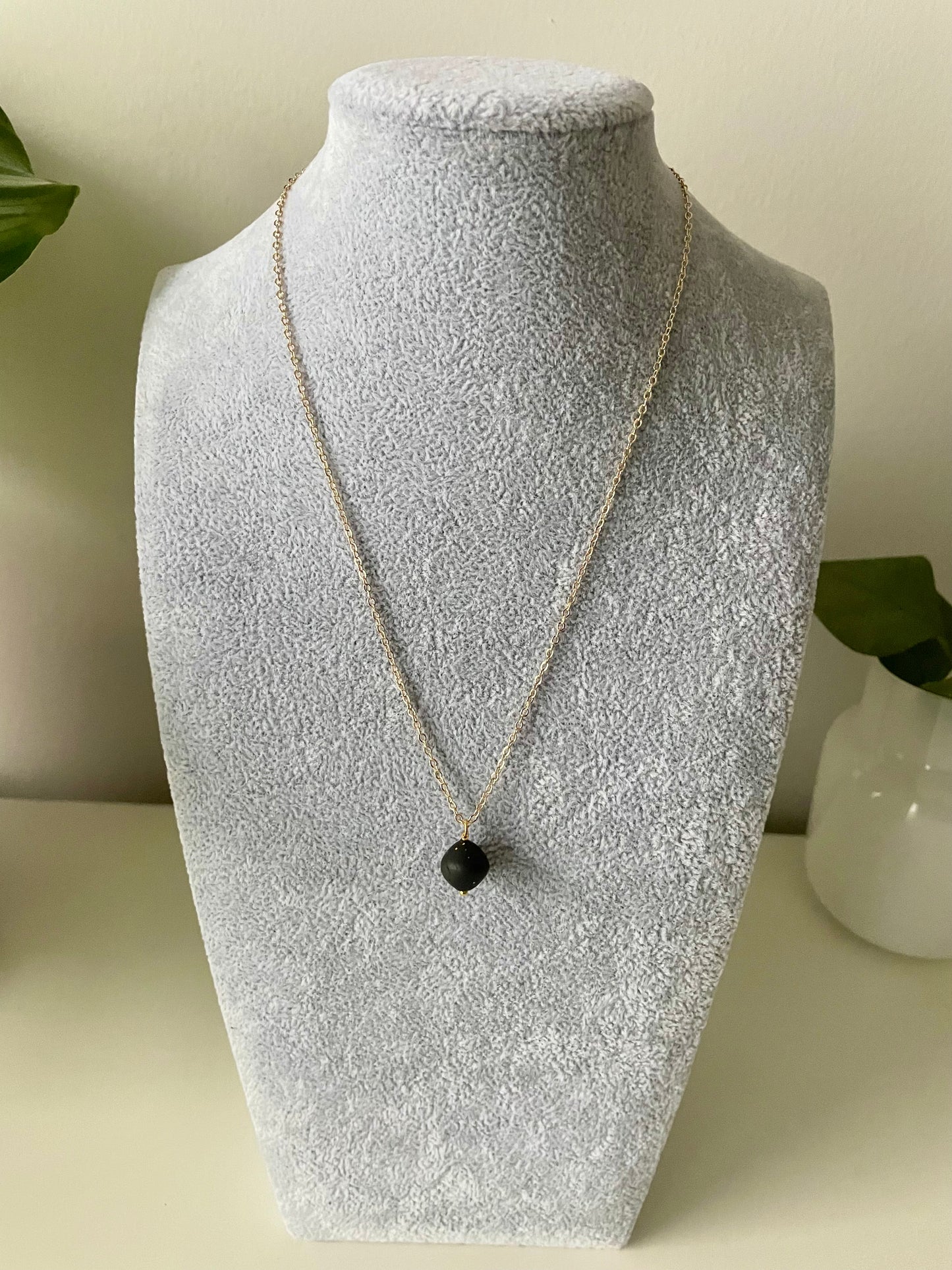 Gold Chain Single Drop Black Bead Necklace